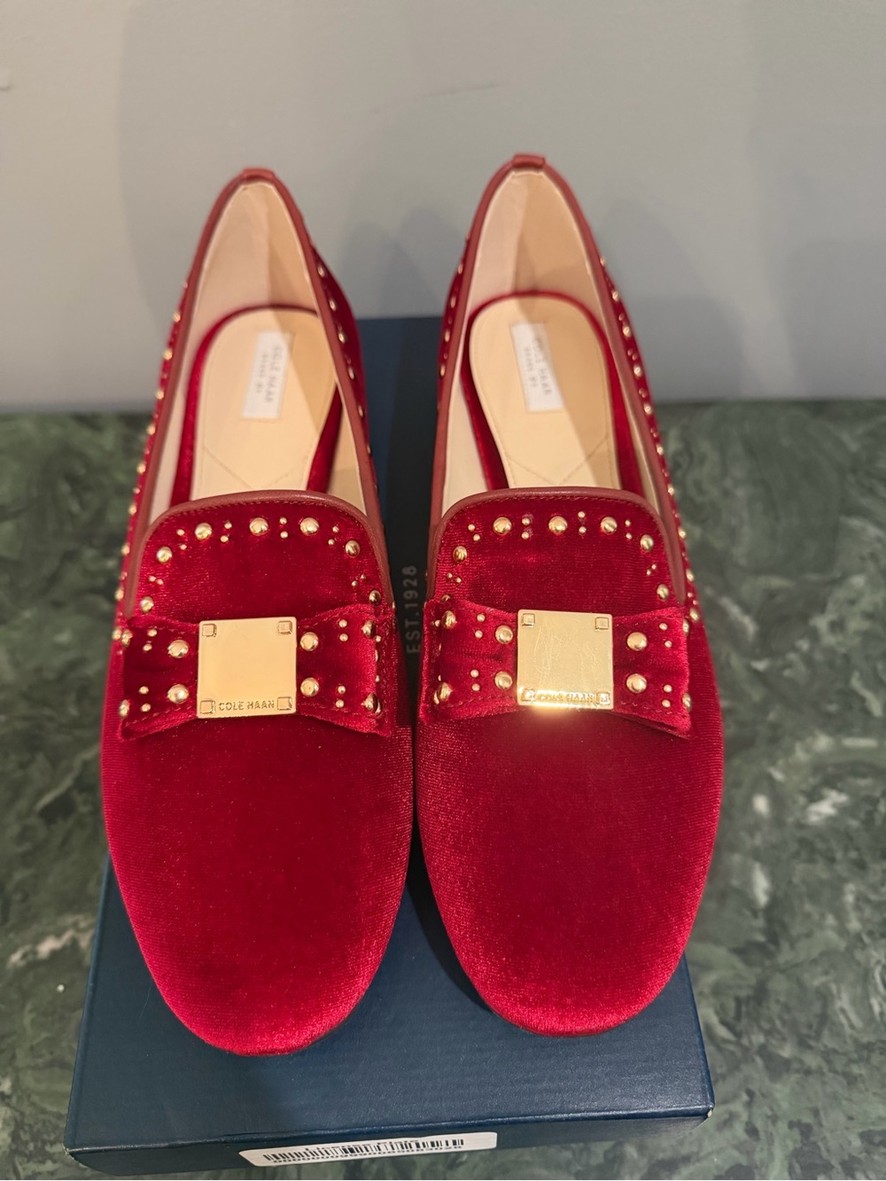 Cole Haan Red Velvet Studded Bow Loafers with Gold Detailing New In Box